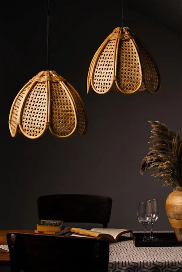 Natural Rattan Bell Pendant – Handwoven Floral Ceiling Light