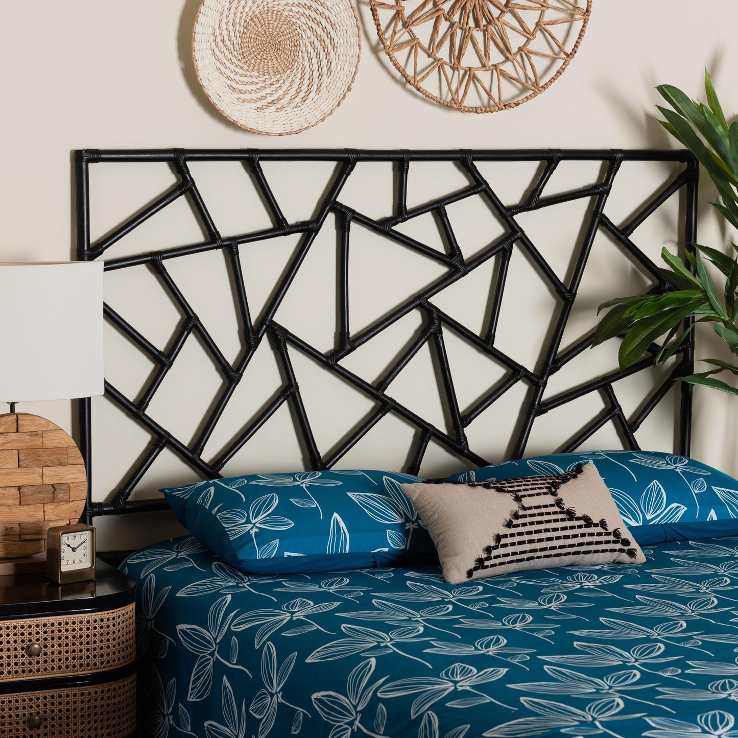 Black Geometric Rattan Headboard with Modern Design