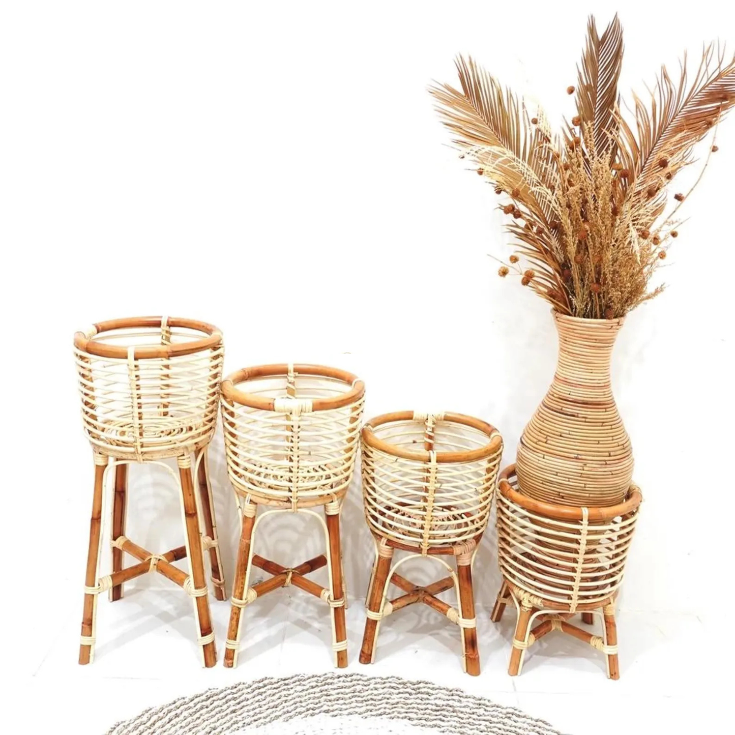 Natural Rattan Indoor Plant Stand and Potted Caladium