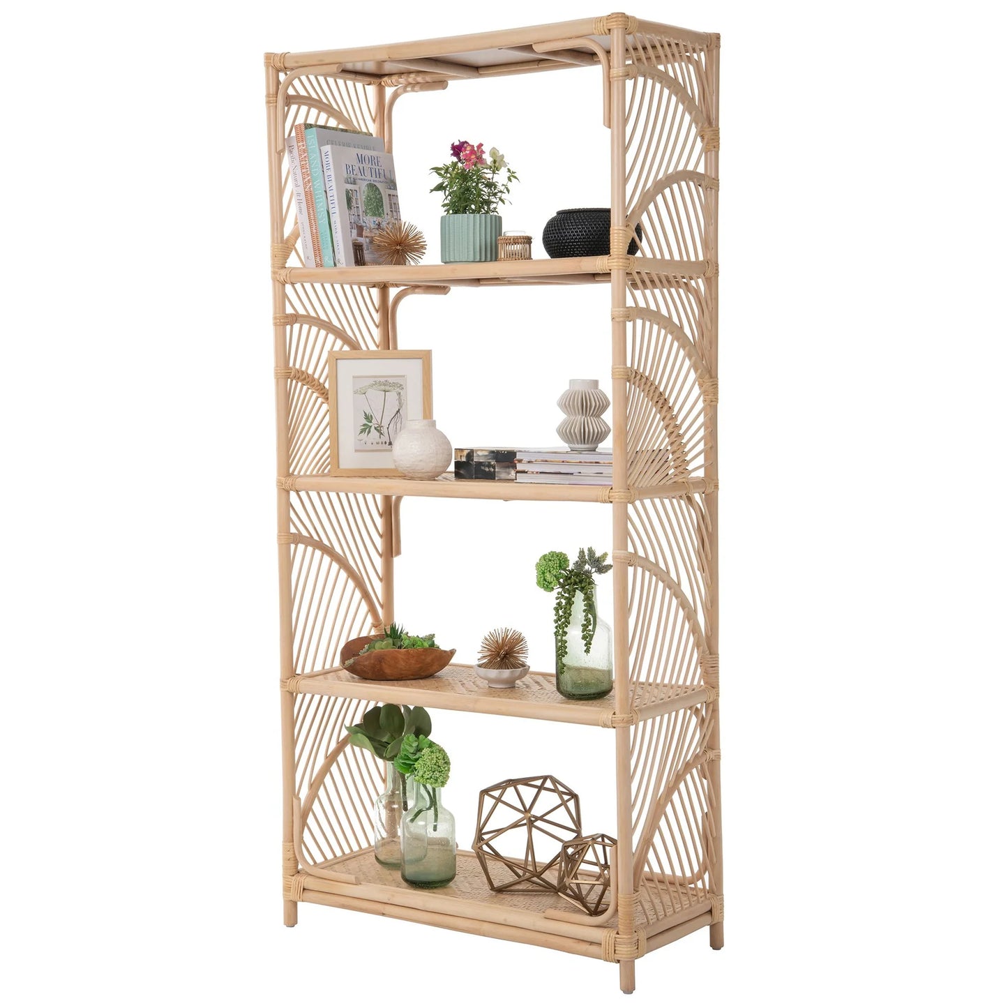 5-Tier Rattan Bookshelf with Elegant Fan Design