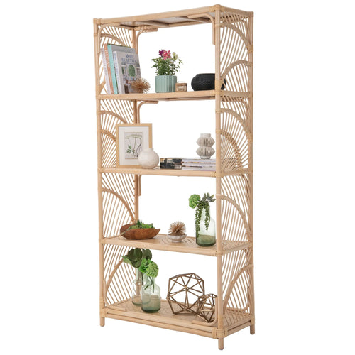 5-Tier Rattan Bookshelf with Elegant Fan Design
