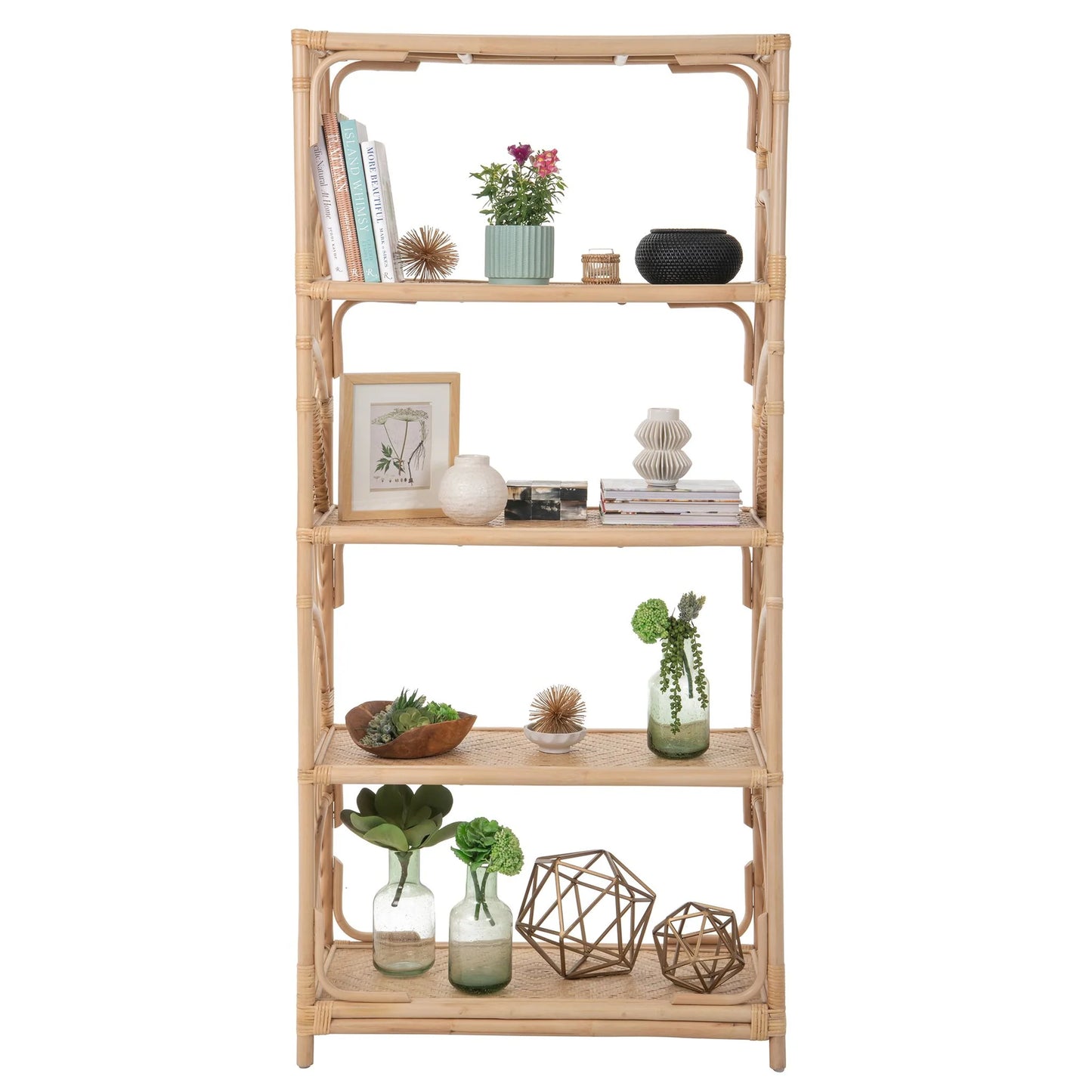 5-Tier Rattan Bookshelf with Elegant Fan Design