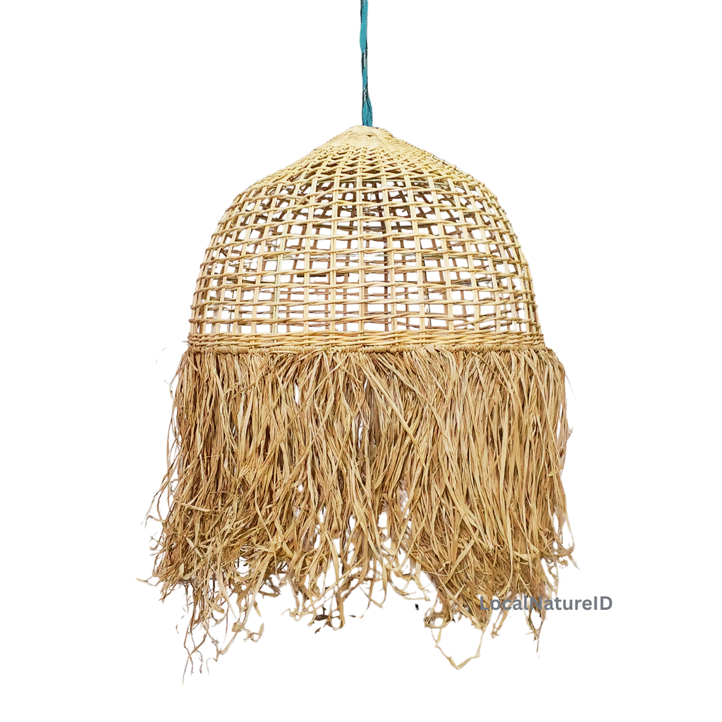 Handcrafted Woven Rattan Pendant Light Shade / Luxury Boho Dome Lampshade with Natural Agel Palm Fiber Fringe and Coastal Grass Chandelier Accent