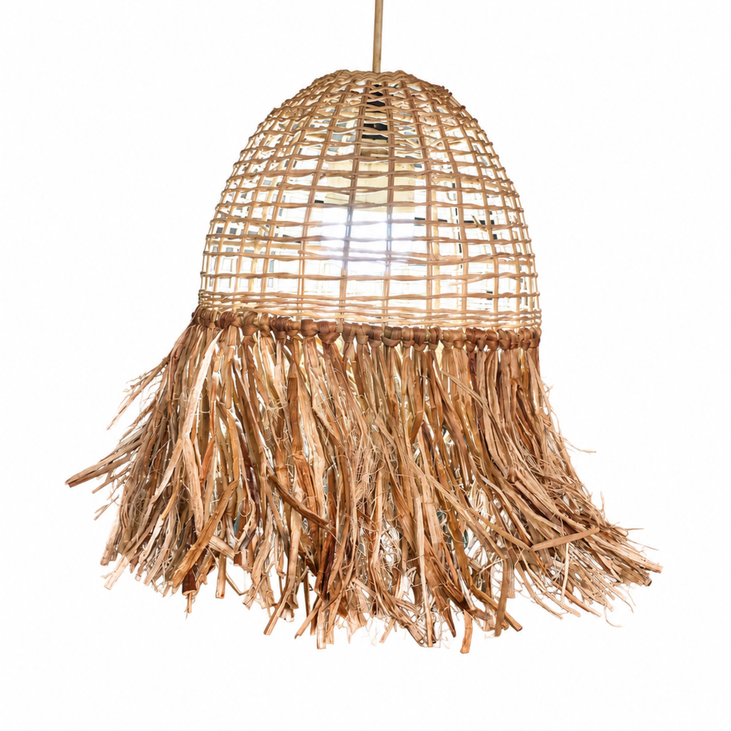 Boho Rattan Pendant Light Shade with Water Hyacinth Fringe / Handwoven Straw Tassel Hanging Lampshade