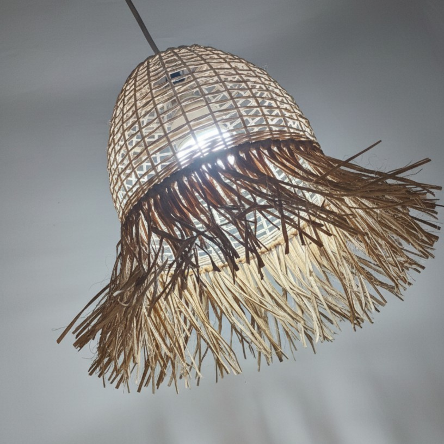 Boho Rattan Pendant Light Shade with Water Hyacinth Fringe / Handwoven Straw Tassel Hanging Lampshade