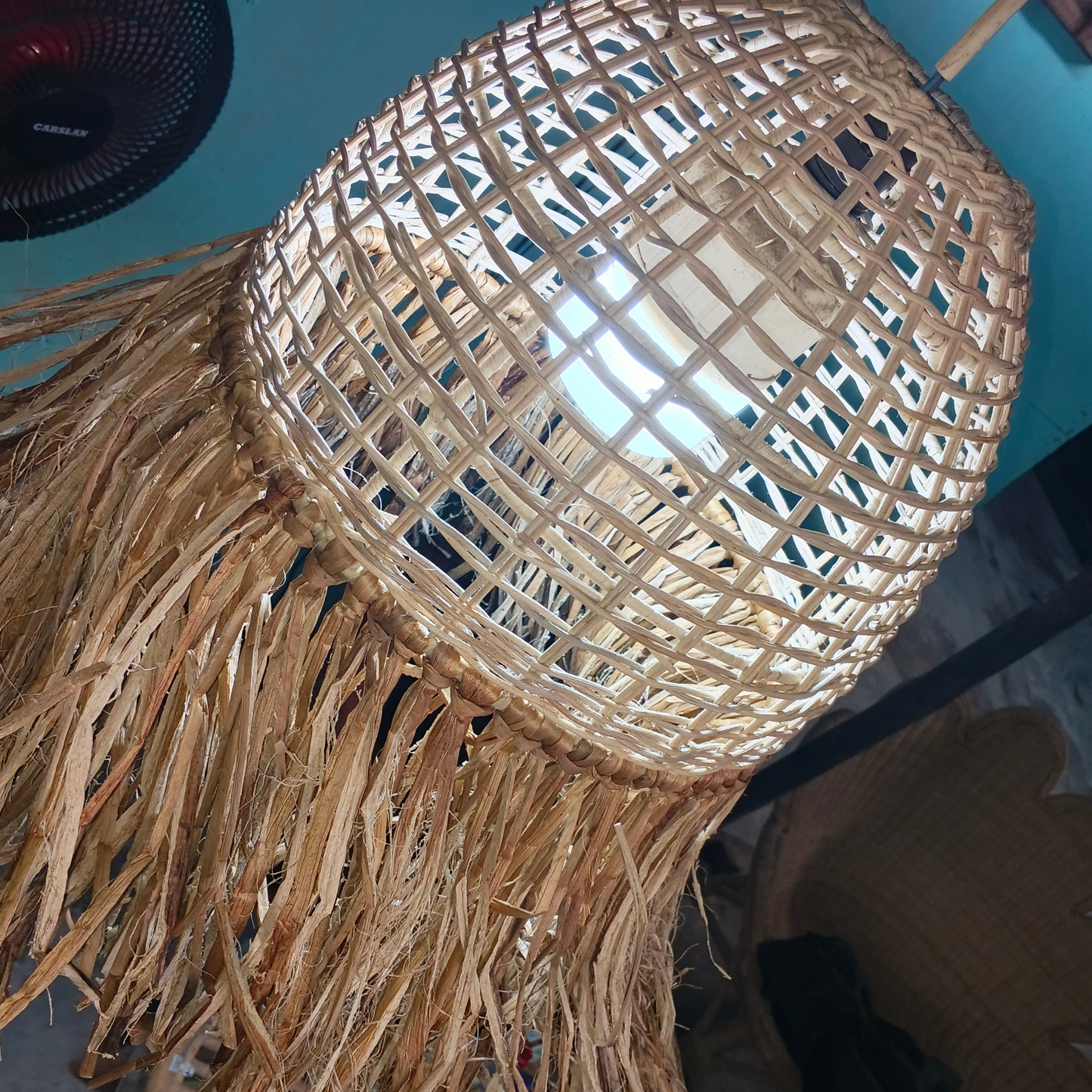 Boho Rattan Pendant Light Shade with Water Hyacinth Fringe / Handwoven Straw Tassel Hanging Lampshade