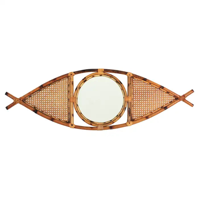 Fish-Shaped Rattan Mirror with Cane Weave Design – Unique Handcrafted Wall Décor