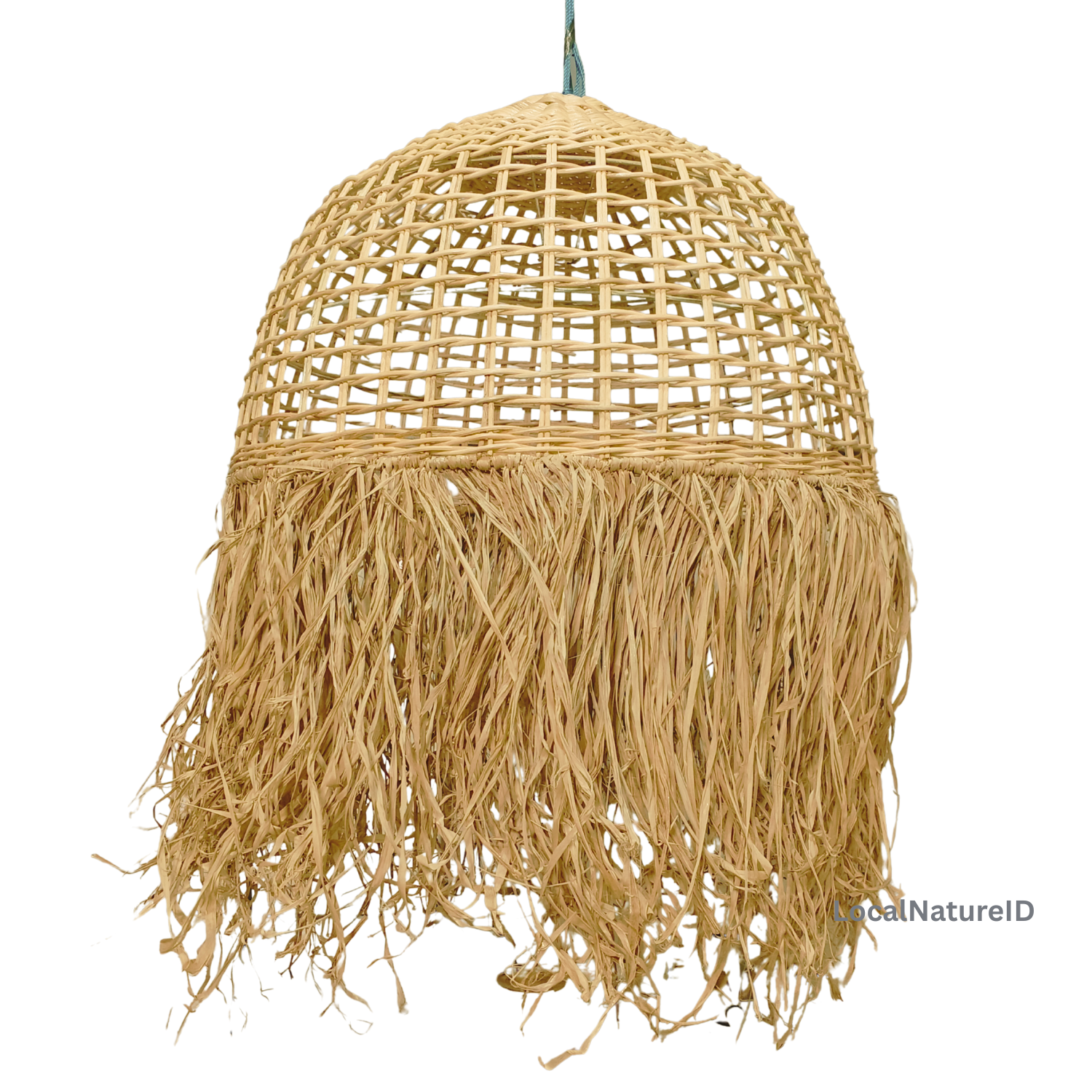 Handcrafted Woven Rattan Pendant Light Shade / Luxury Boho Dome Lampshade with Natural Agel Palm Fiber Fringe and Coastal Grass Chandelier Accent