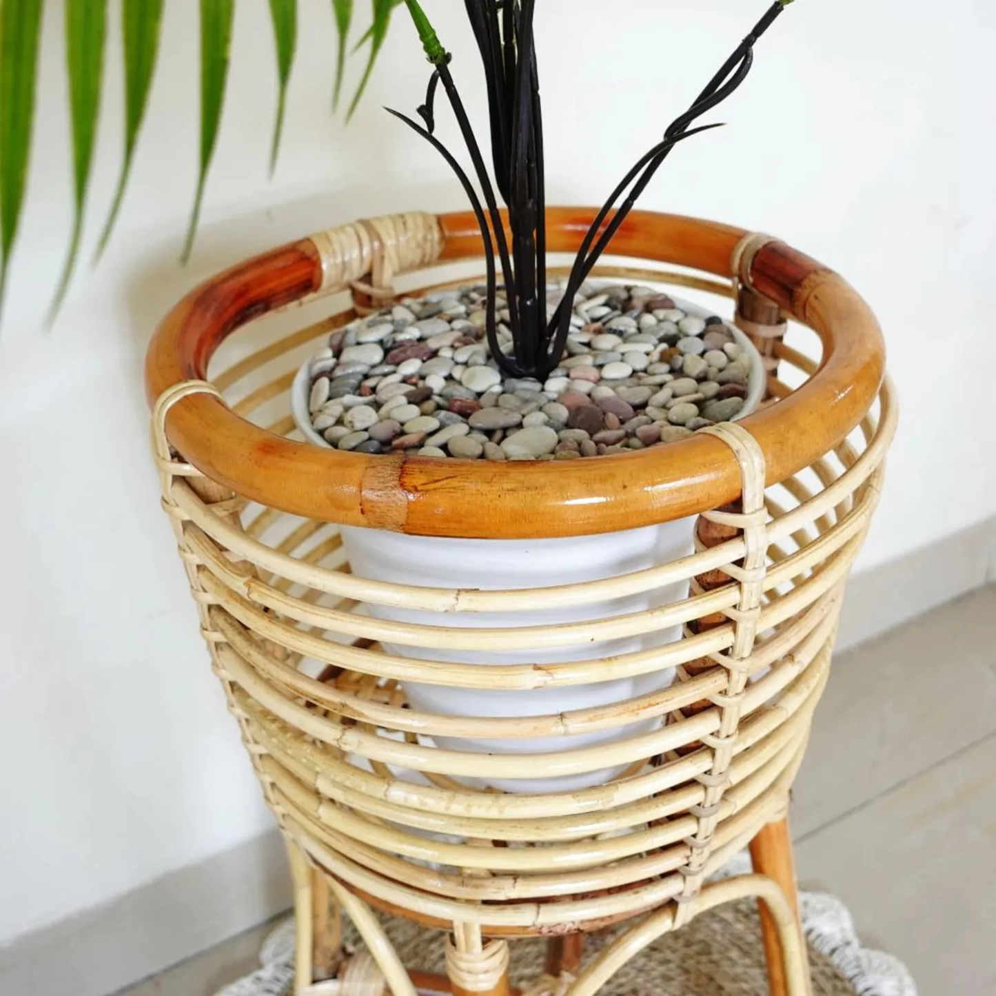 Natural Rattan Indoor Plant Stand and Potted Caladium