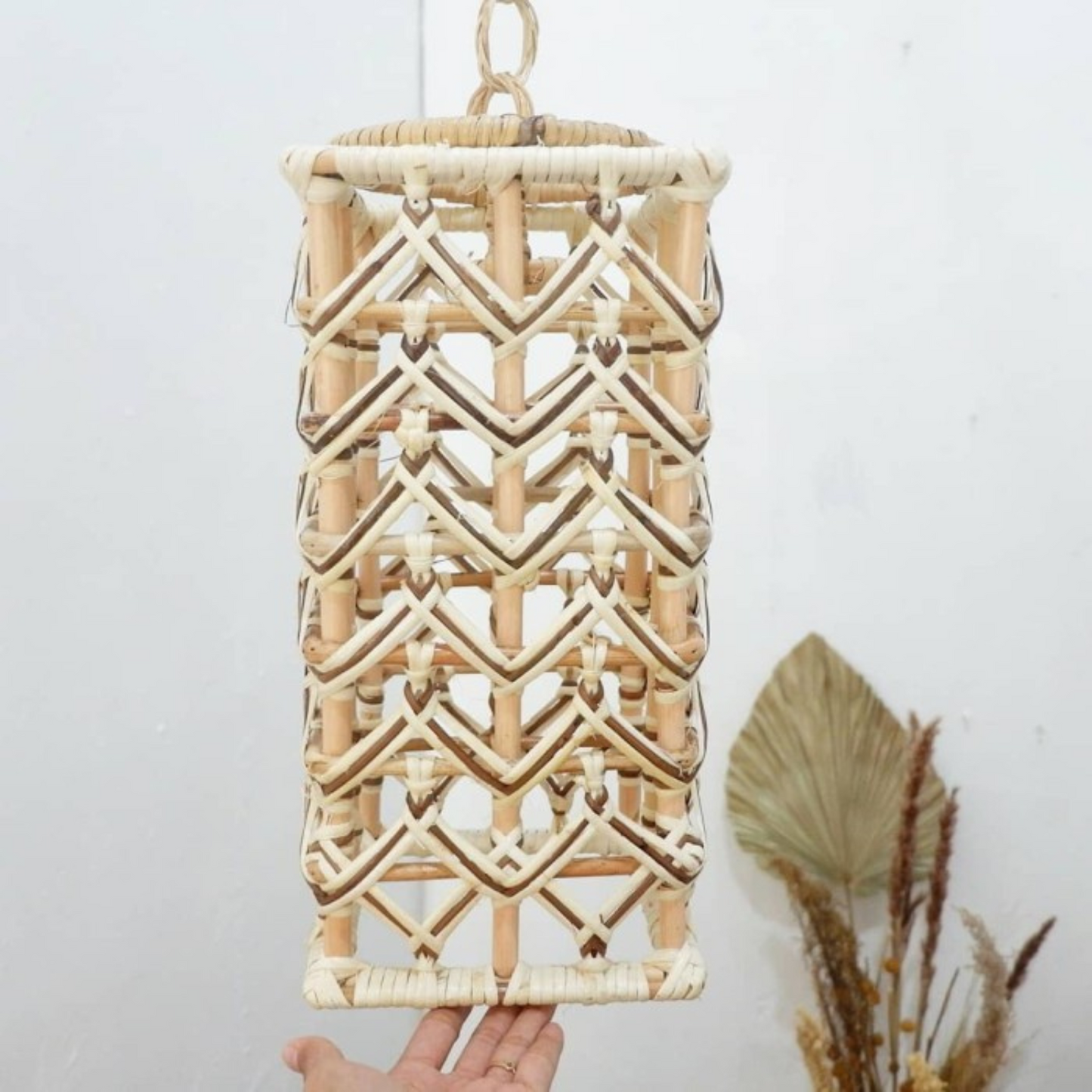 Rustic Tower Rattan Lampshade – Tribal Pattern Hanging Light