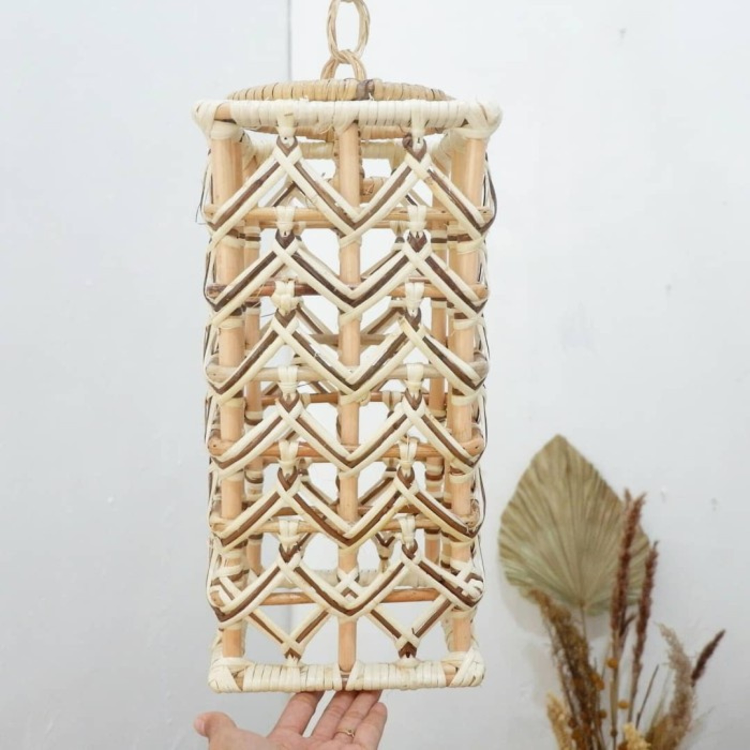 Rustic Tower Rattan Lampshade – Tribal Pattern Hanging Light