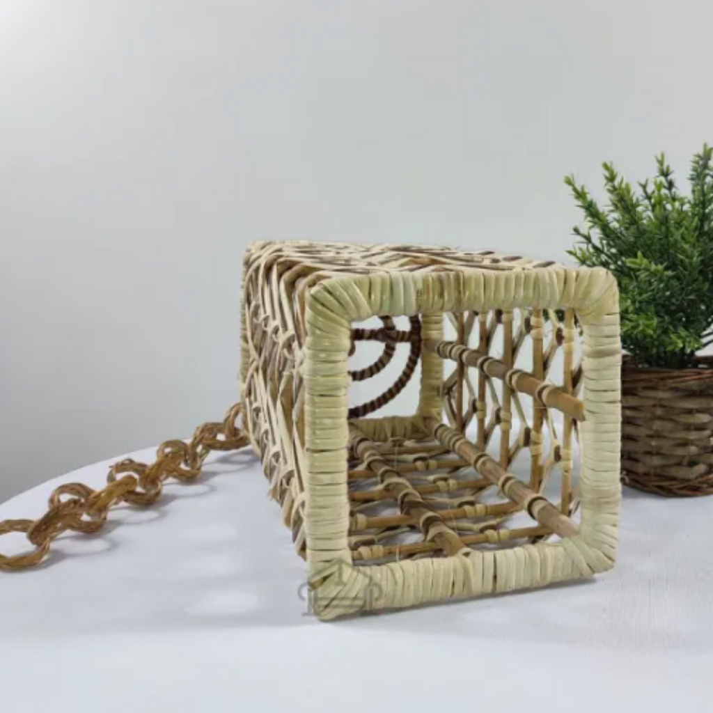 Rustic Tower Rattan Lampshade – Tribal Pattern Hanging Light
