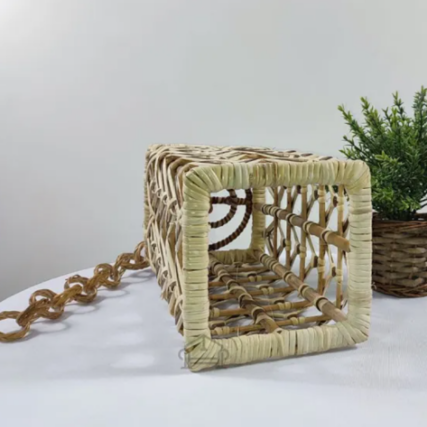 Rustic Tower Rattan Lampshade – Tribal Pattern Hanging Light