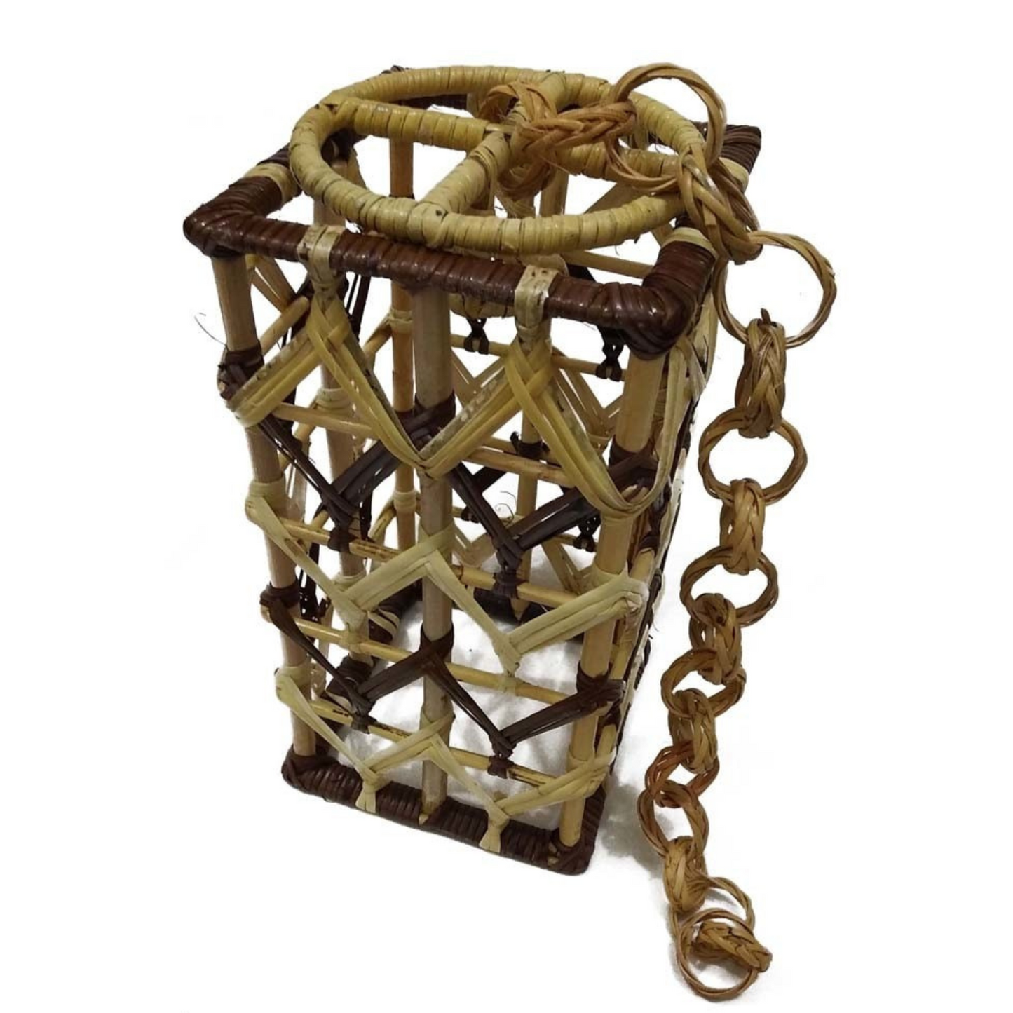 Rustic Tower Rattan Lampshade – Tribal Pattern Hanging Light