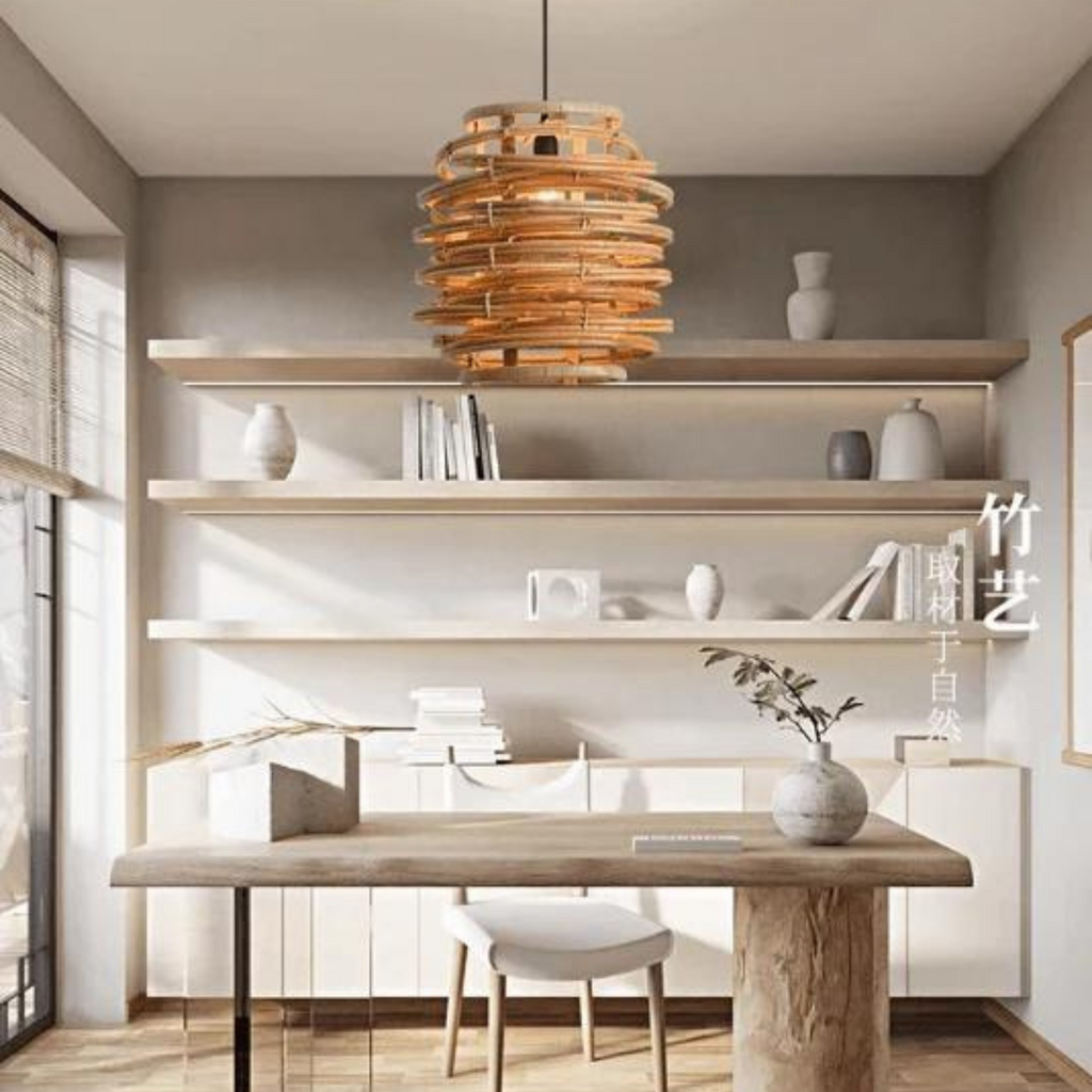 Handcrafted Layered Rattan Pendant Light.