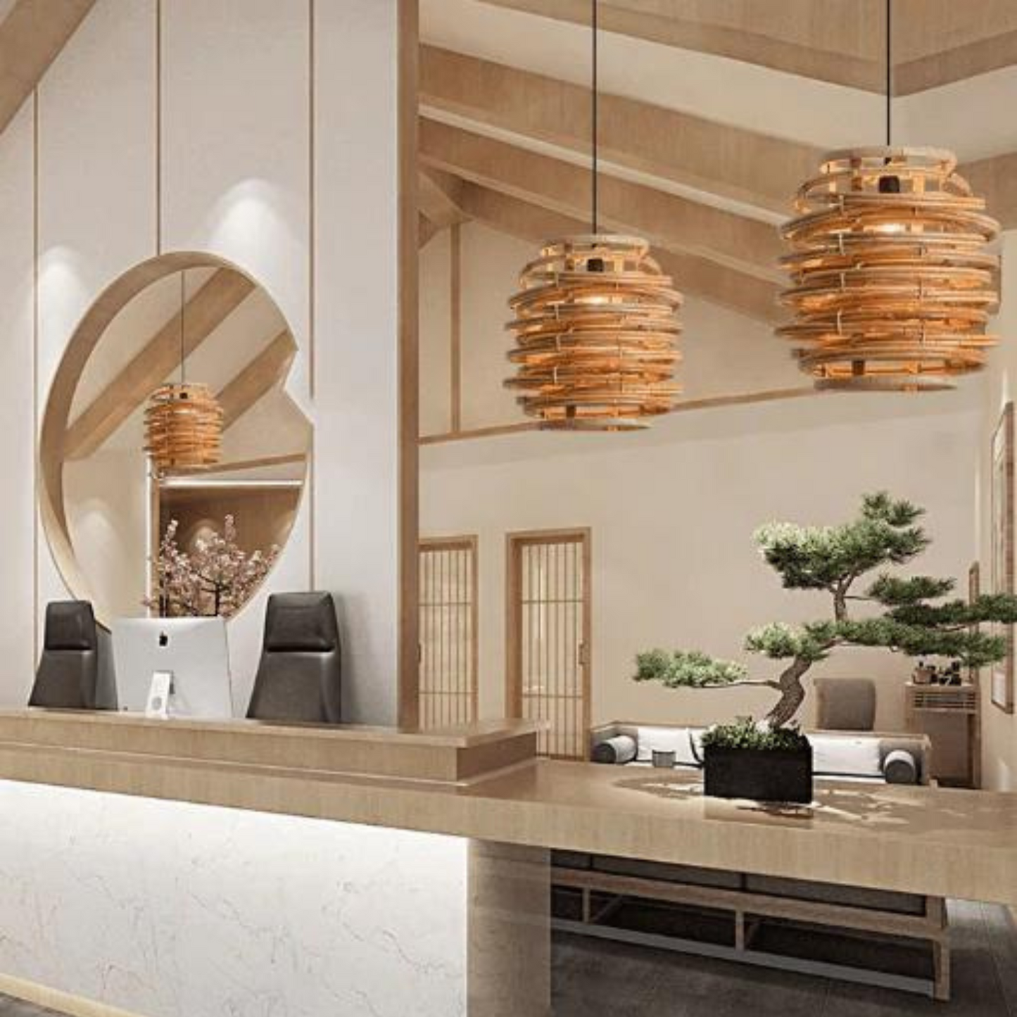 Handcrafted Layered Rattan Pendant Light.