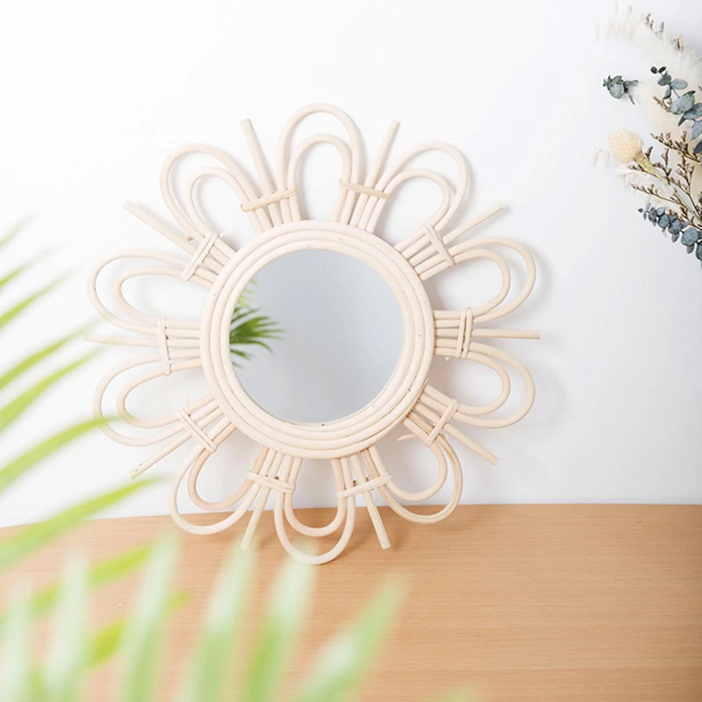 Boho Chic Rattan Flower Wall Mirror