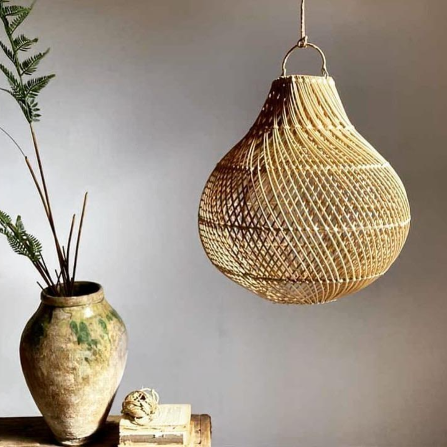 Artisan Open-Weave Rattan Pendant – Tropical Pear-Shaped Lampshade