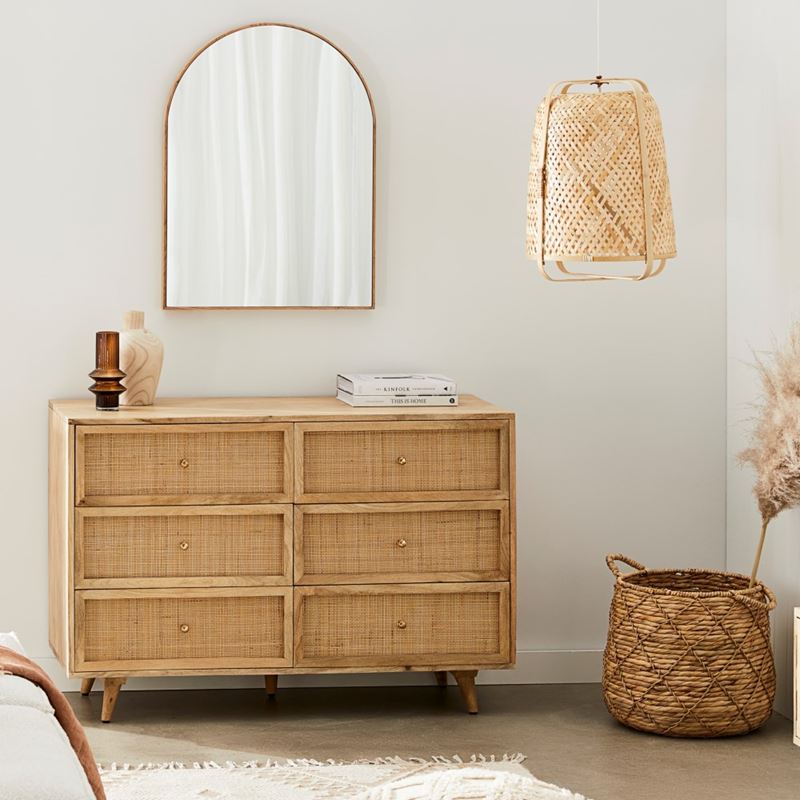 6-Drawer Rattan Chest with Solid Wood Frame