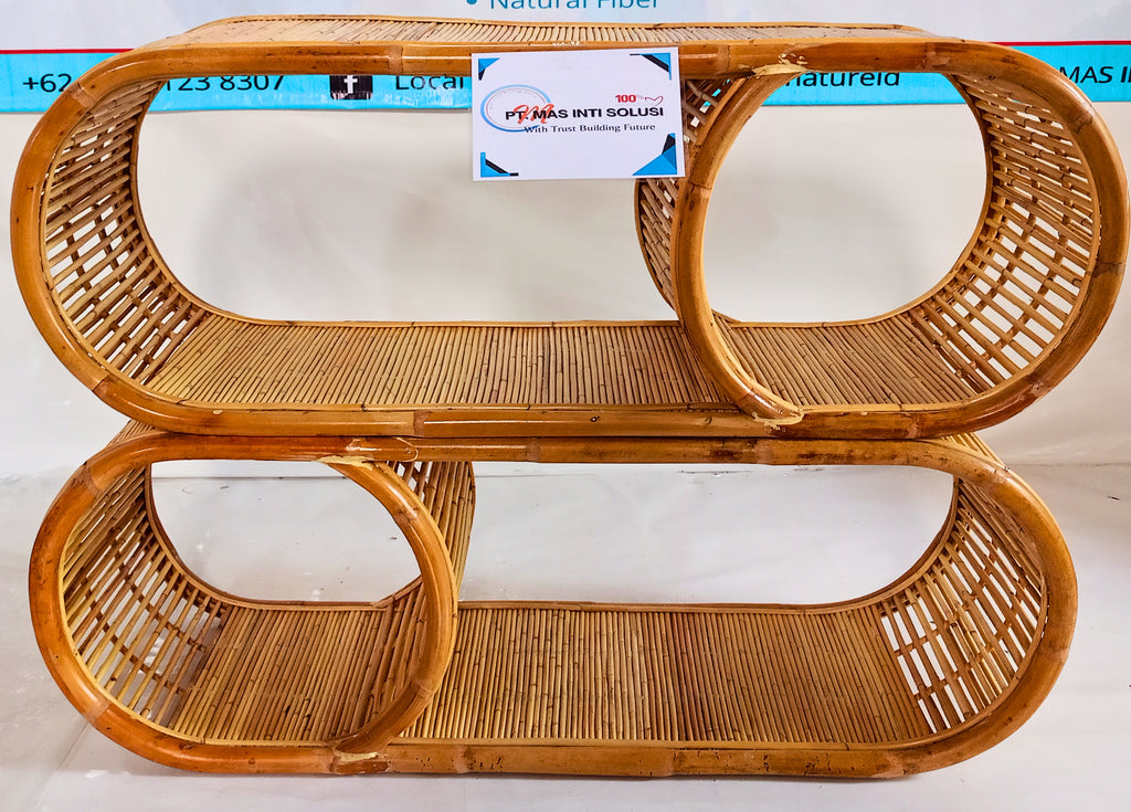 Oval Capsule Rattan Shelving Unit / Luxury Modular Multi-Tier Split-Level Cane Display Rack and Bohemian Horizontal Console Shelf