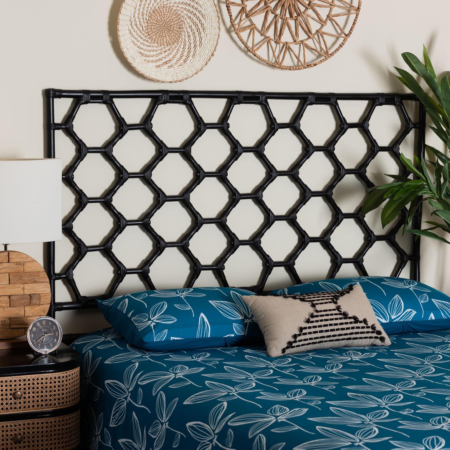 Black Rattan Headboard with Hexagonal Lattice Design
