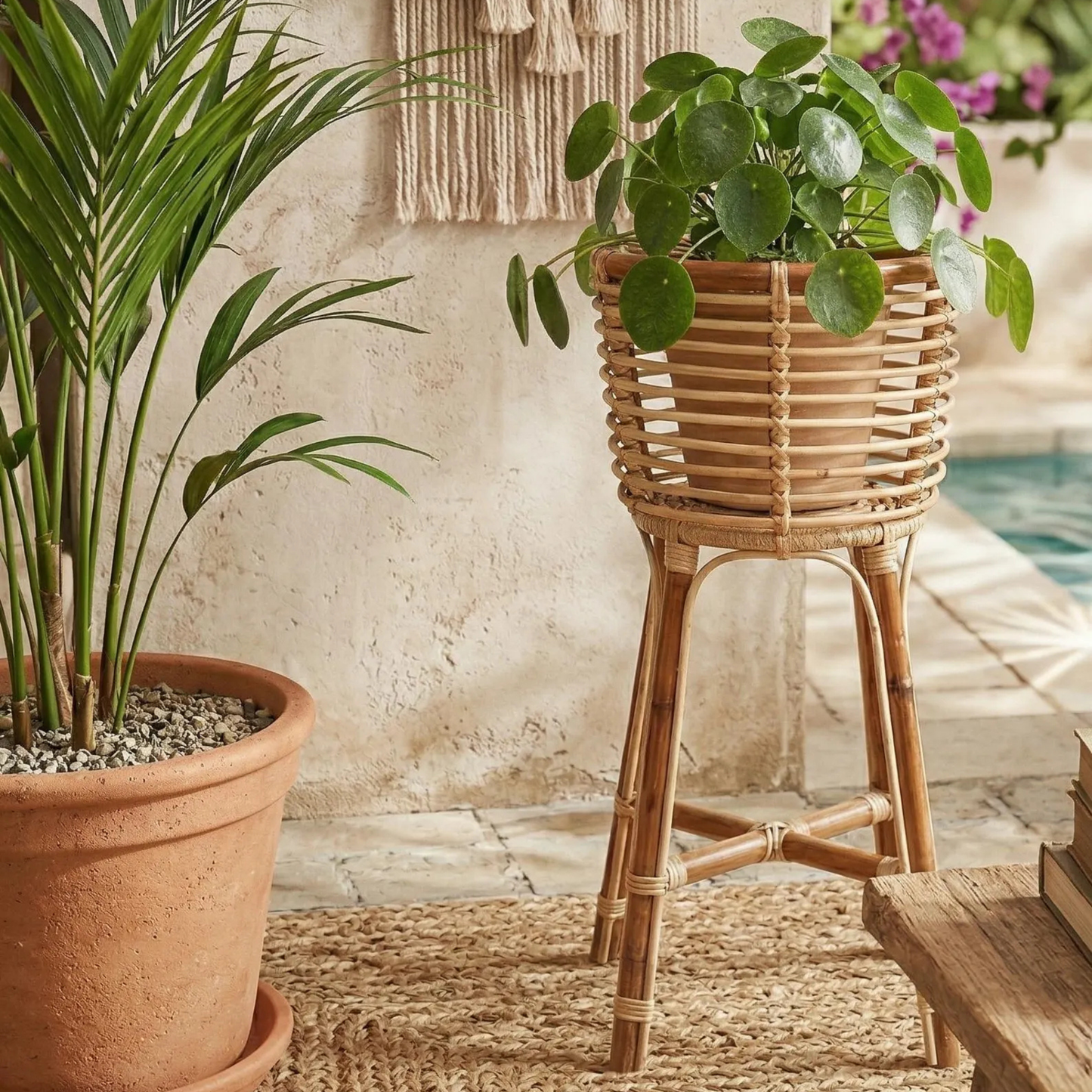 Natural Rattan Indoor Plant Stand and Potted Caladium