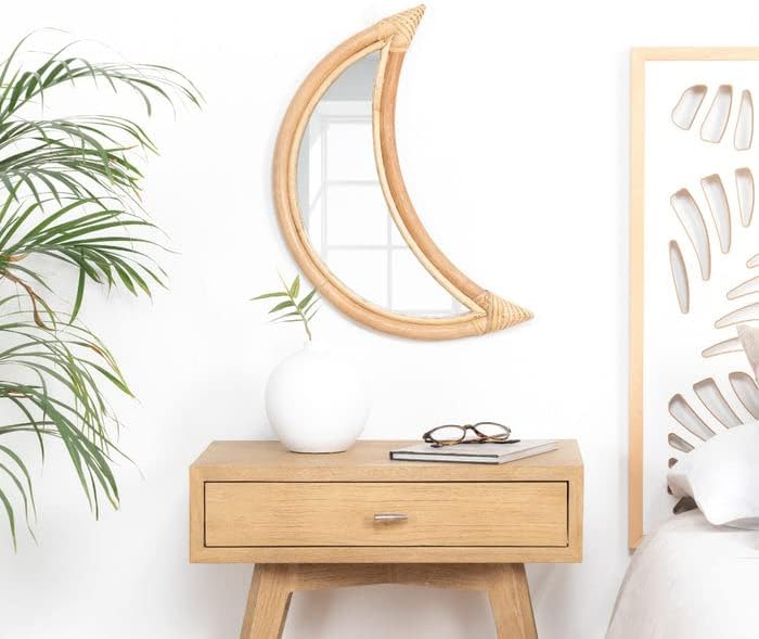 Boho Crescent Moon Rattan Mirror – Natural Wall Decor