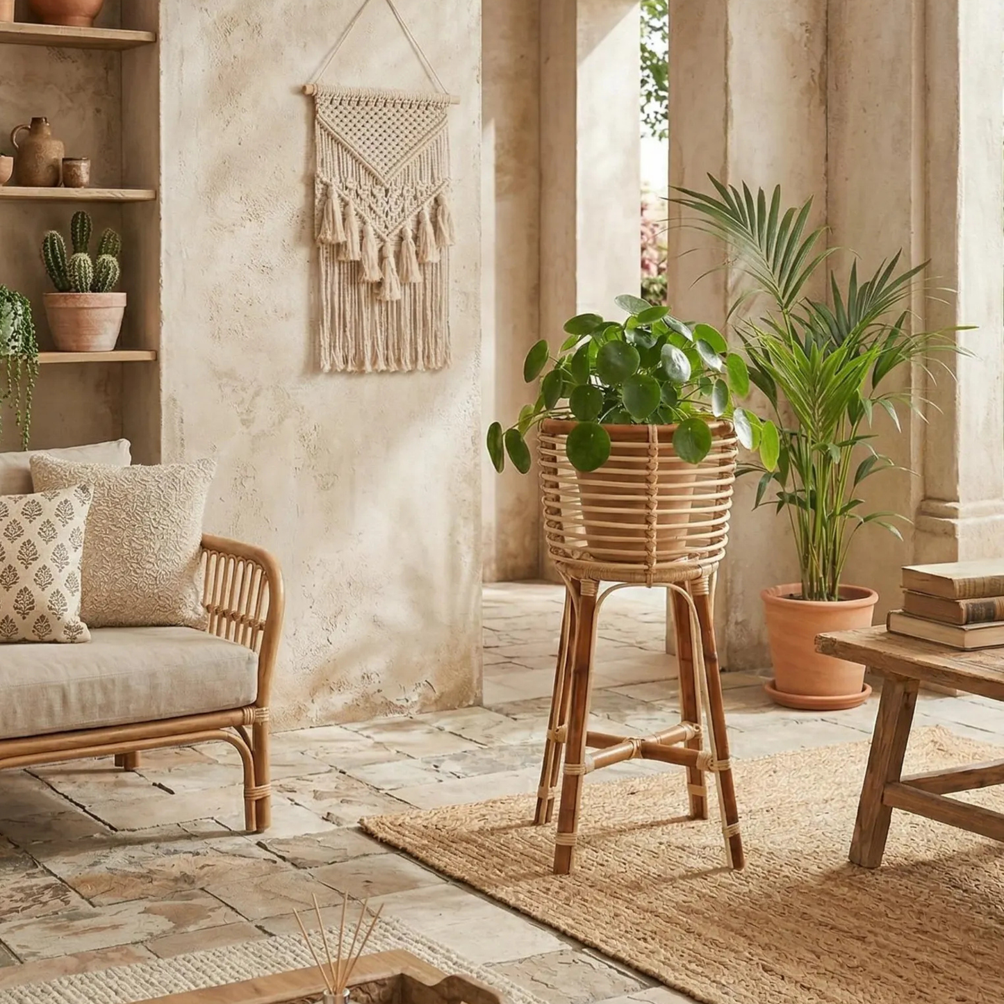 Natural Rattan Indoor Plant Stand and Potted Caladium