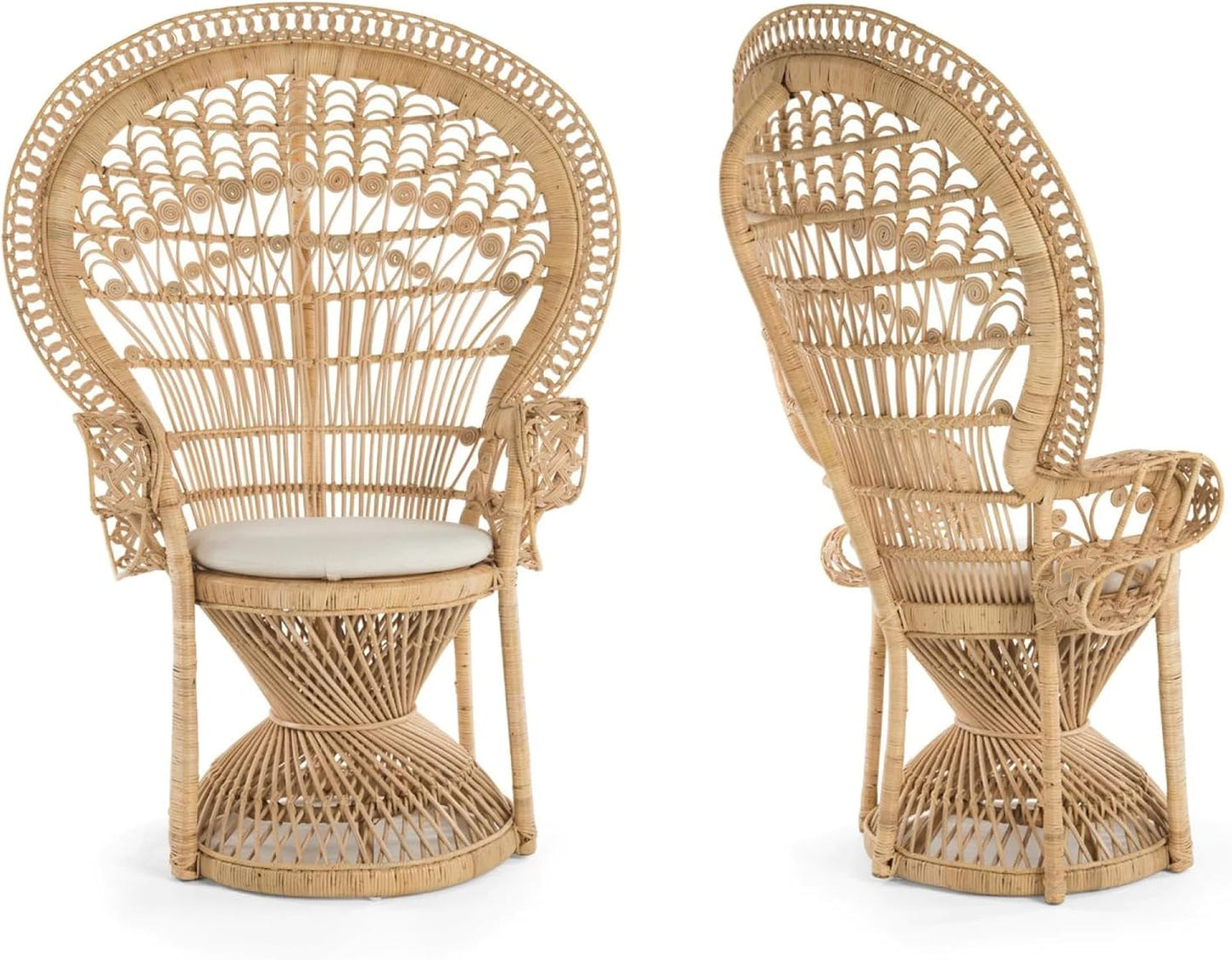 Classic Peacock Rattan Chair with Ornate Design and Cushioned Seat