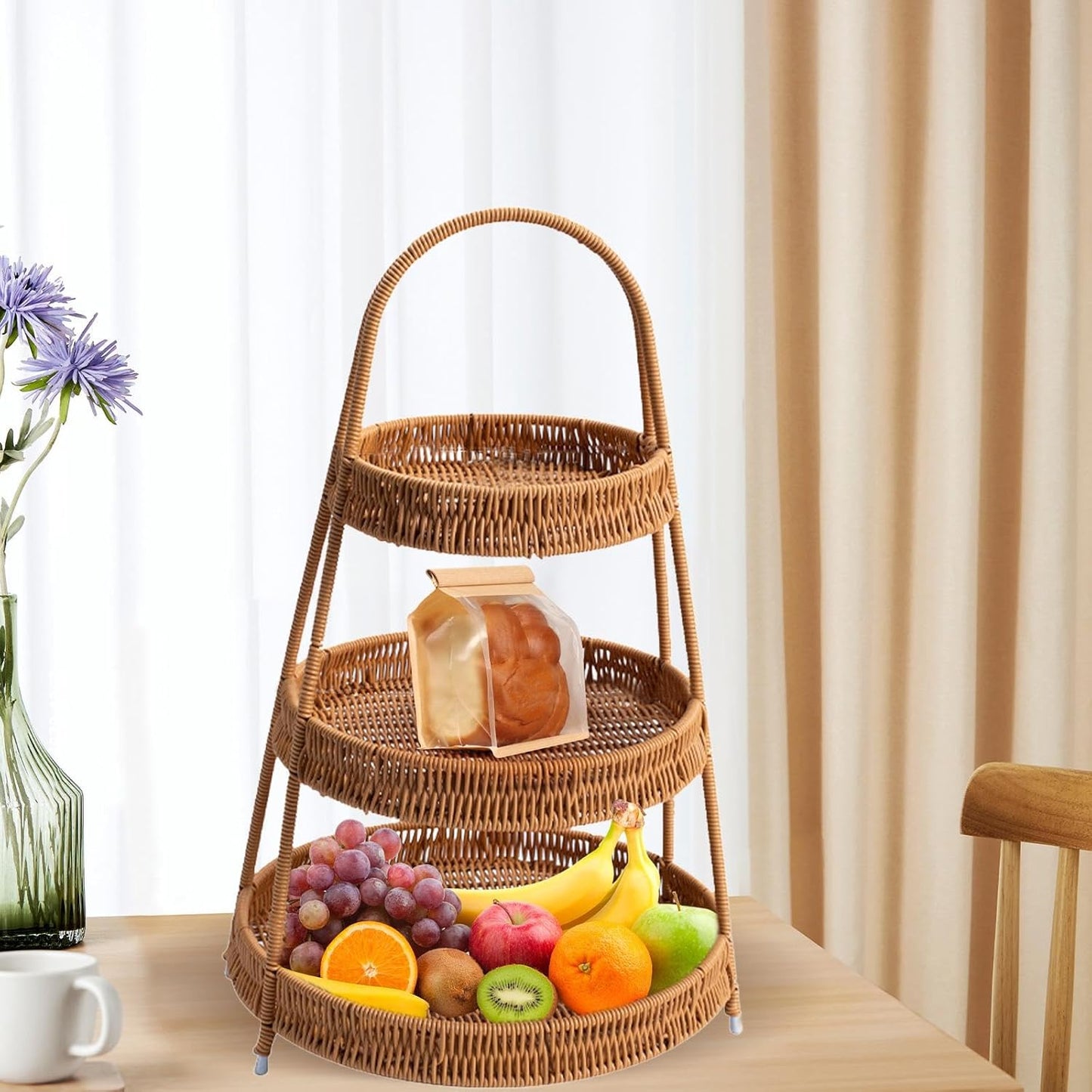 3-Tier Handwoven Rattan Storage Stand with Handle