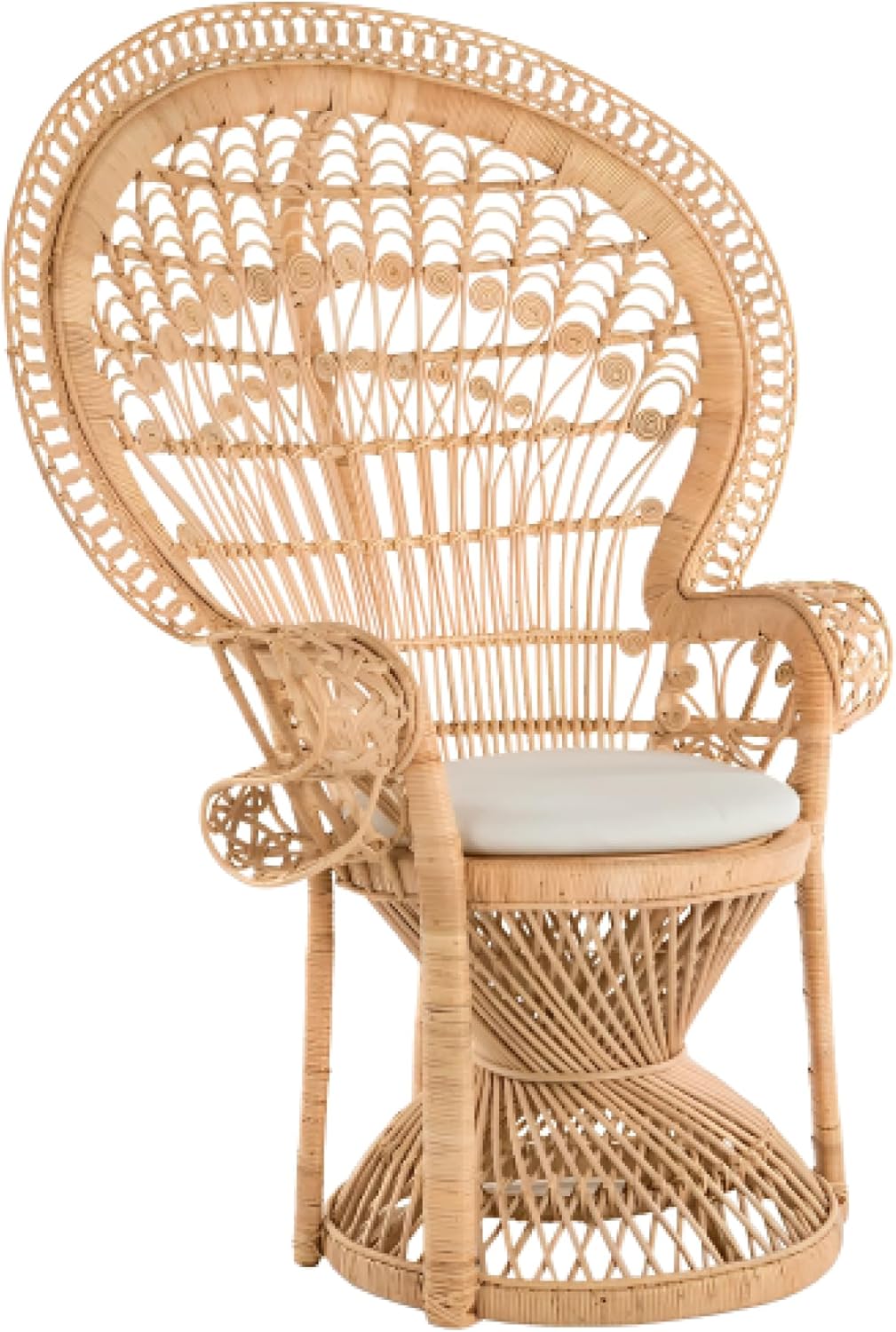 Classic Peacock Rattan Chair with Ornate Design and Cushioned Seat