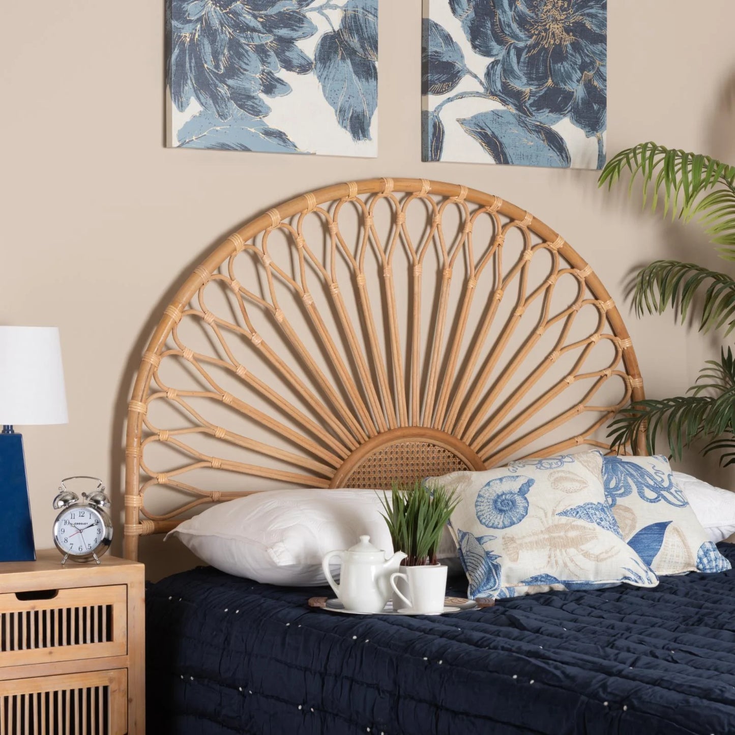 Bohemian Natural Rattan Headboard with Sunrise Design