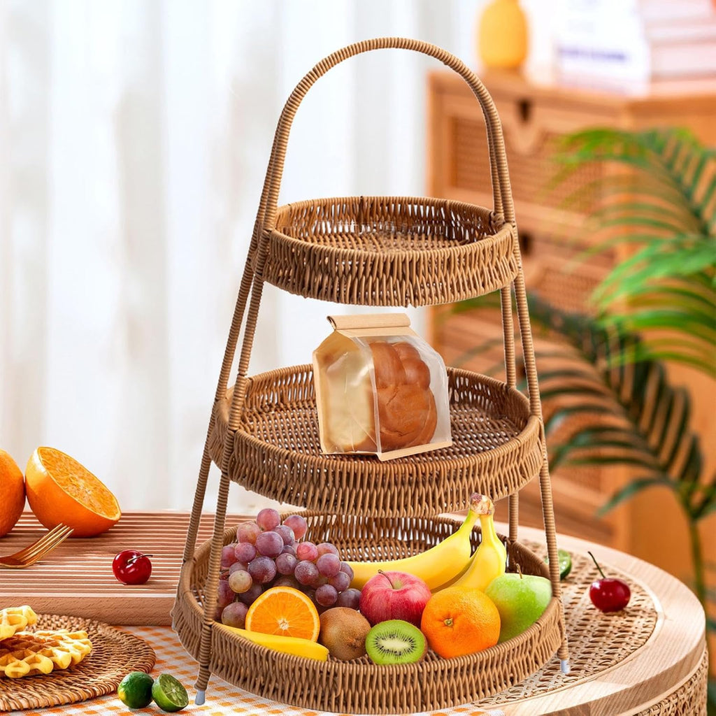 3-Tier Handwoven Rattan Storage Stand with Handle