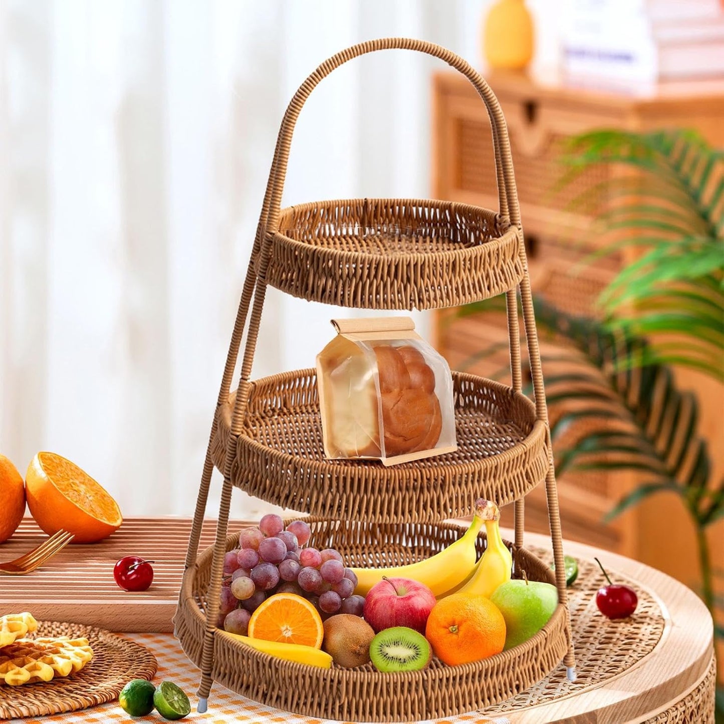 3-Tier Handwoven Rattan Storage Stand with Handle