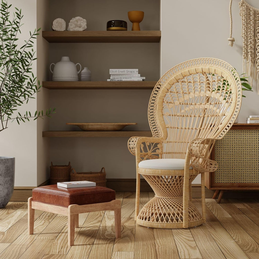 Classic Peacock Rattan Chair with Ornate Design and Cushioned Seat