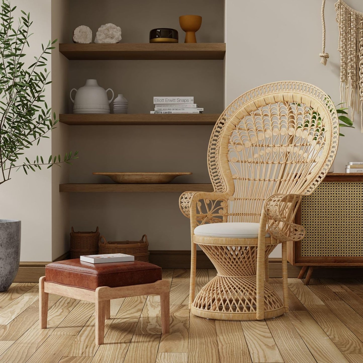 Classic Peacock Rattan Chair with Ornate Design and Cushioned Seat