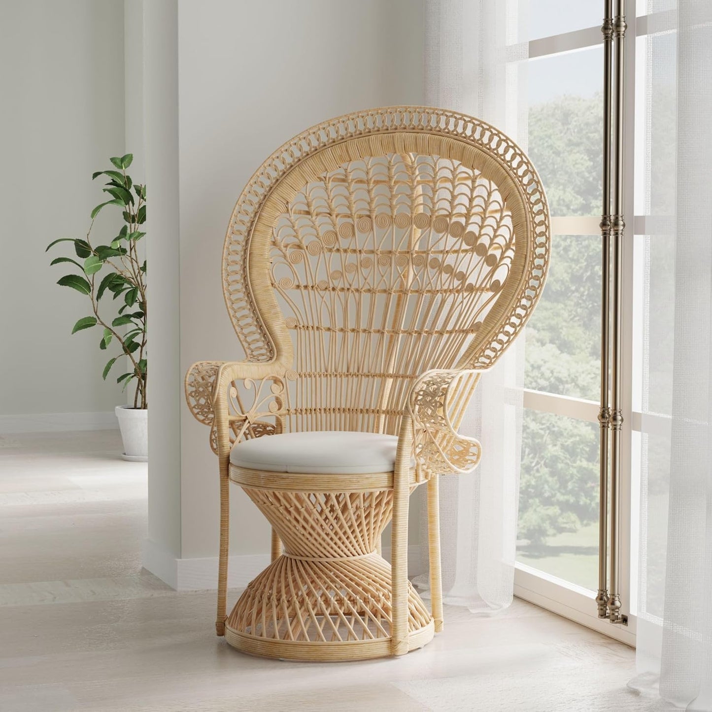 Classic Peacock Rattan Chair with Ornate Design and Cushioned Seat