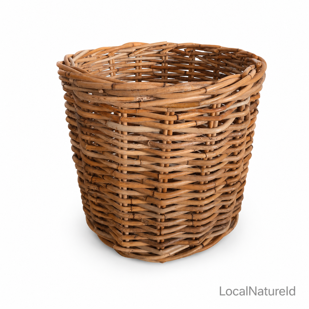 Natural Woven Rattan Storage Basket / Rustic Round Wicker Laundry Hamper and Bohemian Planter Pot Cover Organiser