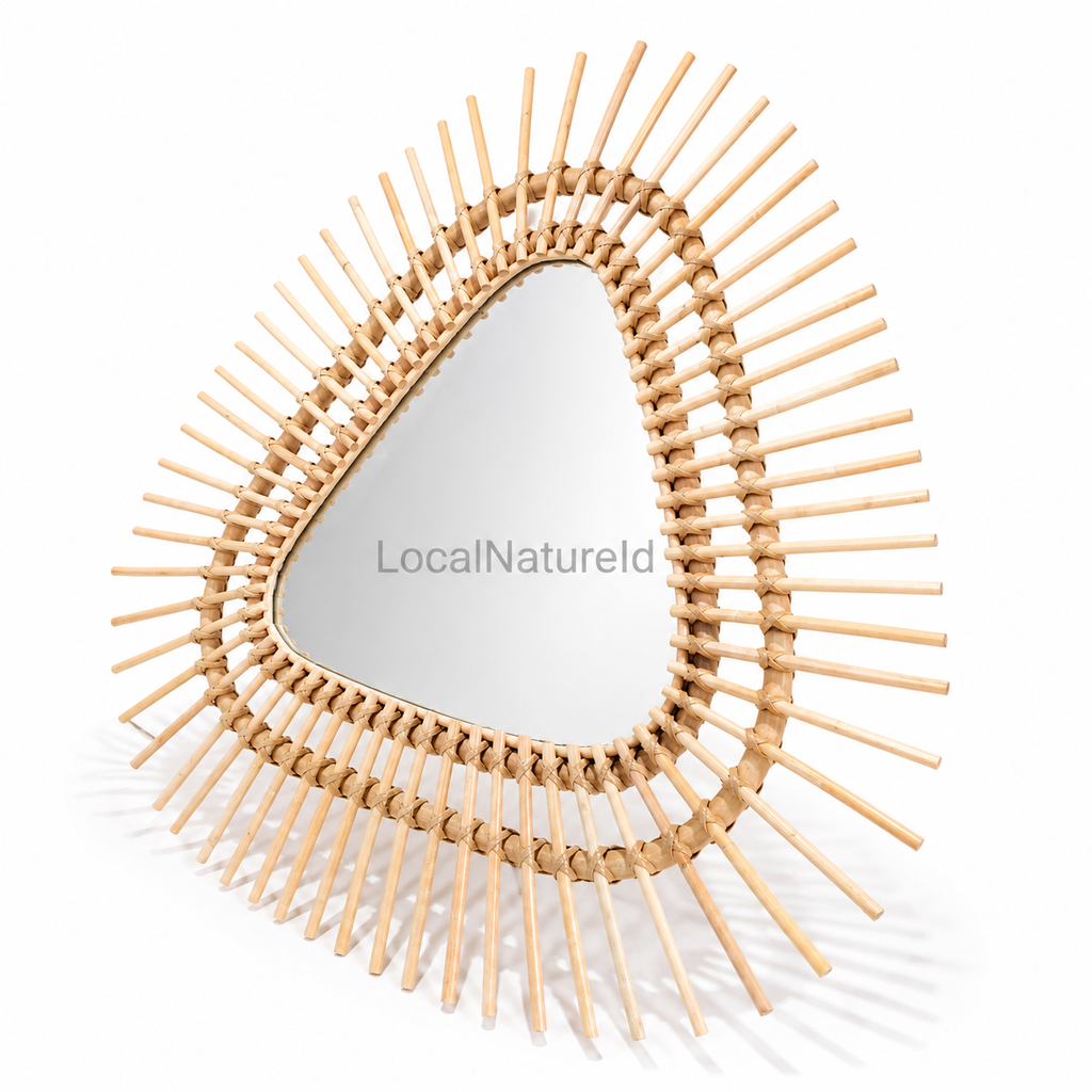 Artisanal Teardrop Rattan Sunburst Wall Mirror / Handcrafted Decorative Boho Accent Mirror for Entryway & Bedroom