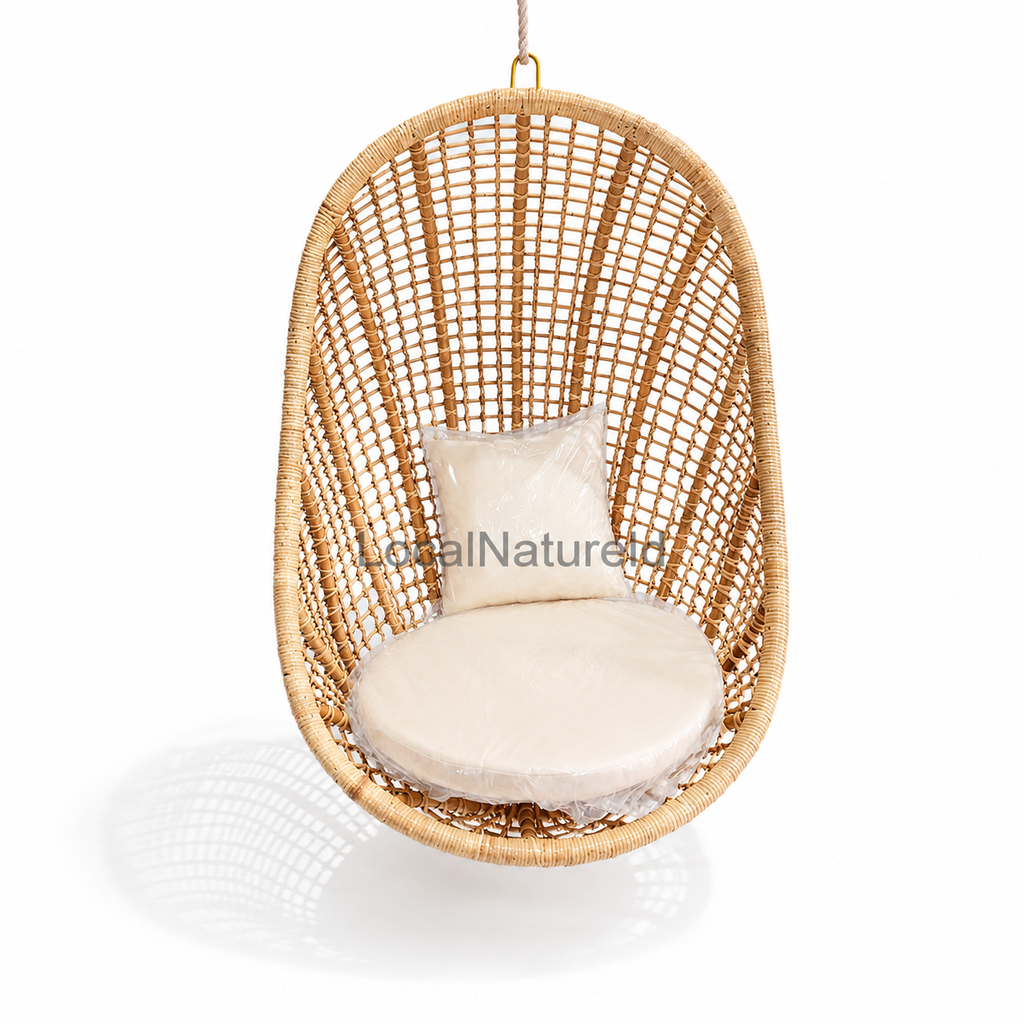 Handcrafted Hanging Rattan Egg Chair with Cushions / Indoor & Covered Outdoor Boho Swing Lounge Chair for Living Room & Patio