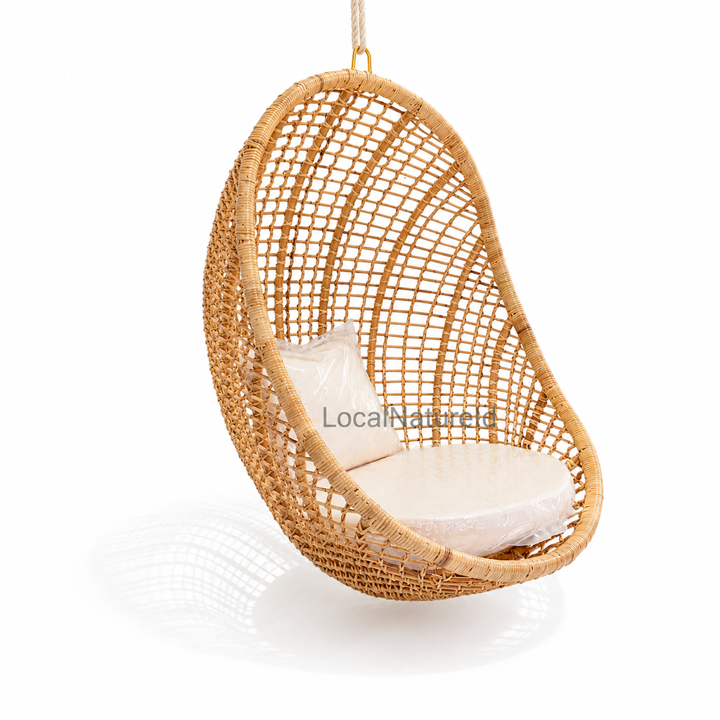 Handcrafted Hanging Rattan Egg Chair with Cushions / Indoor & Covered Outdoor Boho Swing Lounge Chair for Living Room & Patio