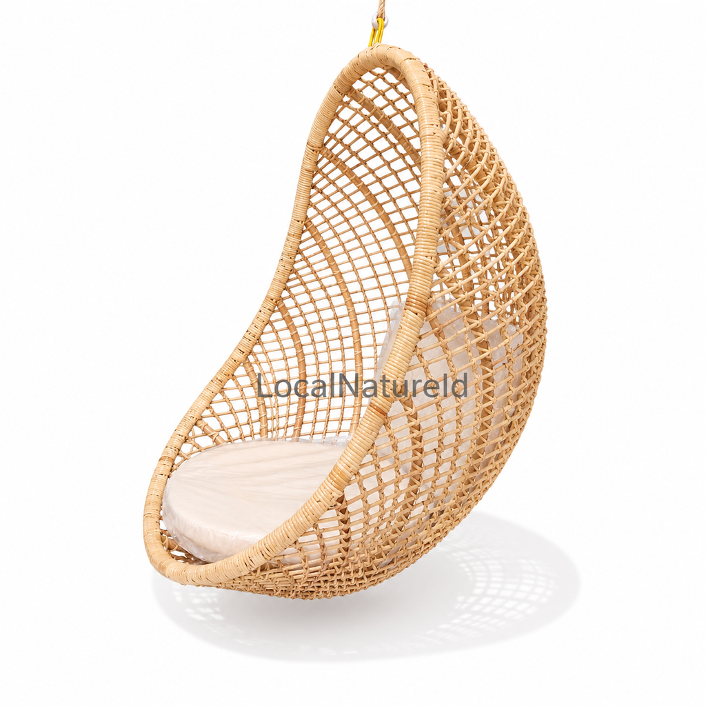 Handcrafted Hanging Rattan Egg Chair with Cushions / Indoor & Covered Outdoor Boho Swing Lounge Chair for Living Room & Patio