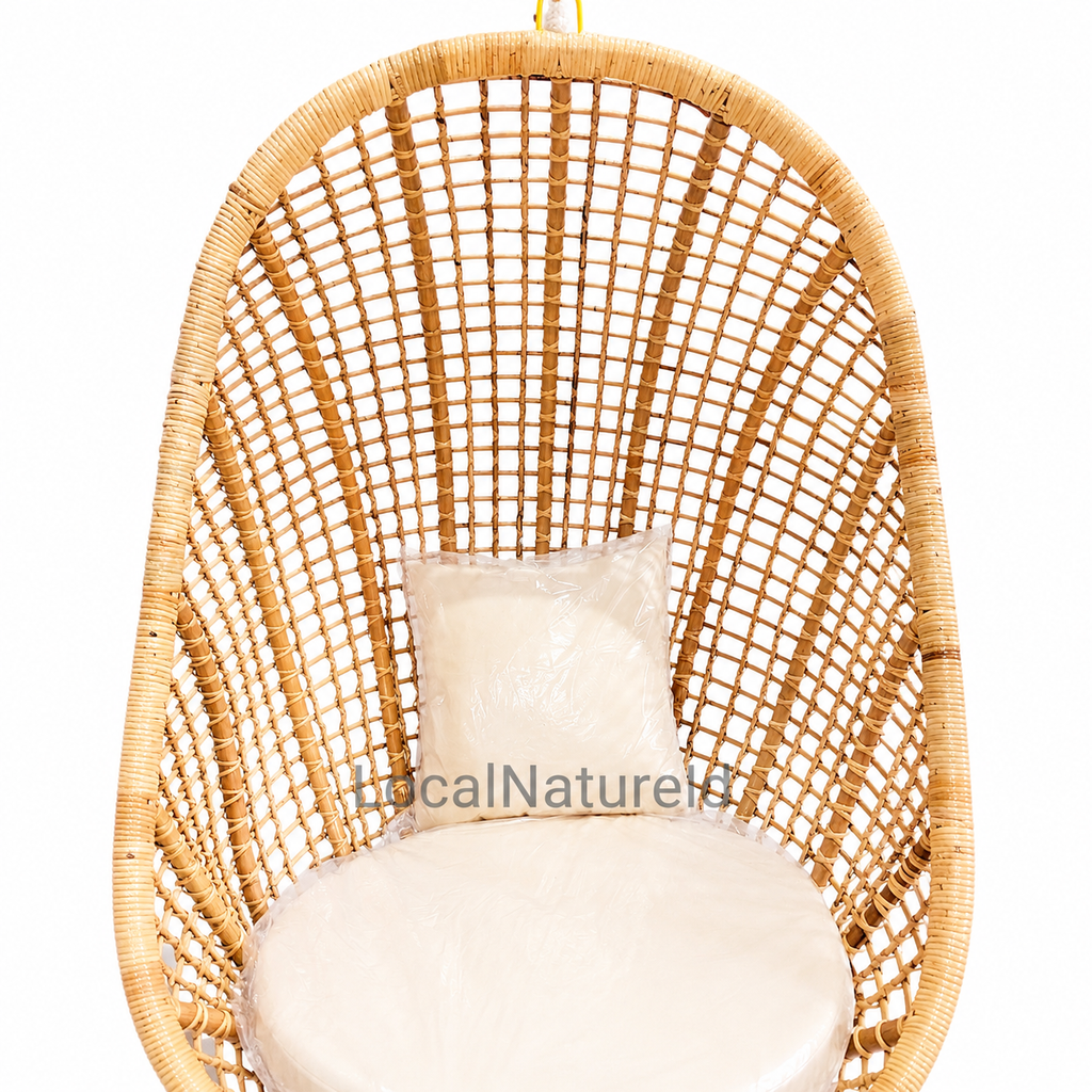 Handcrafted Hanging Rattan Egg Chair with Cushions / Indoor & Covered Outdoor Boho Swing Lounge Chair for Living Room & Patio
