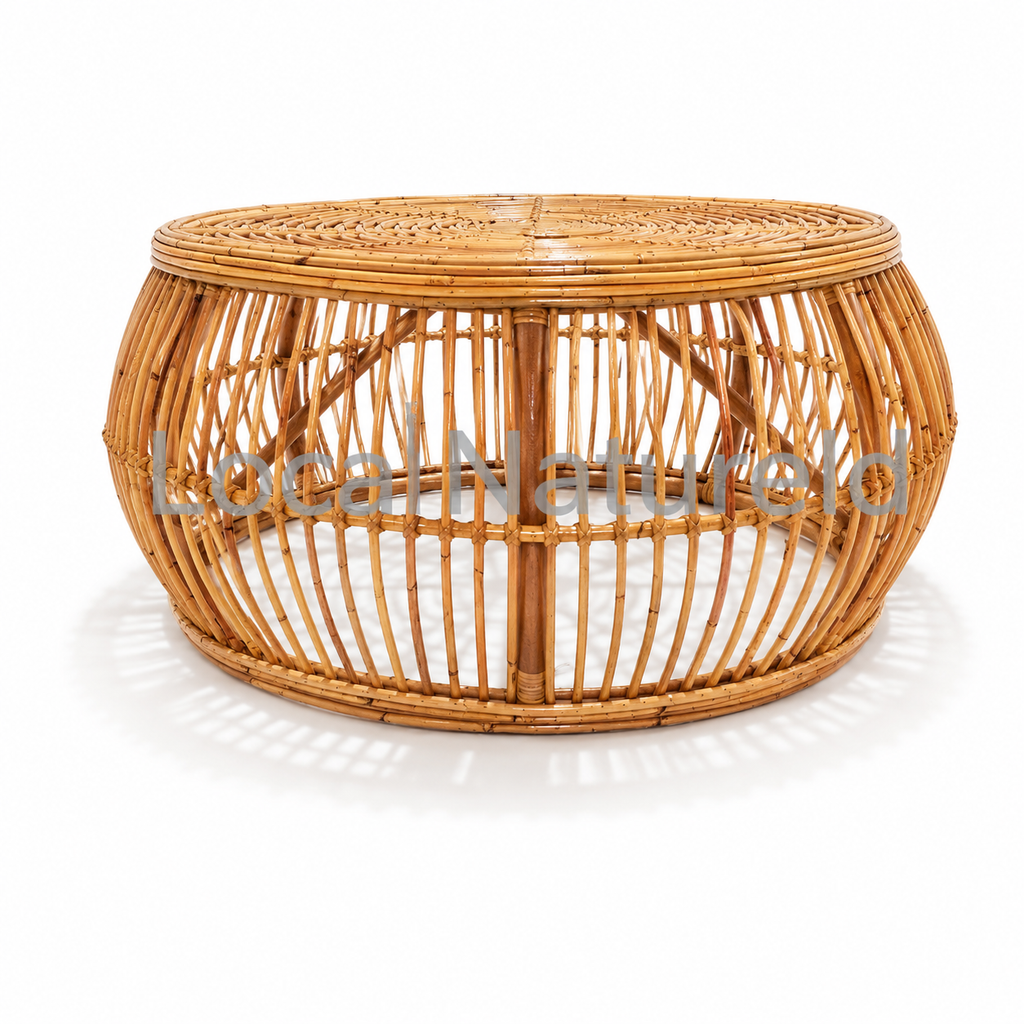 Handcrafted Round Rattan Coffee Table / Modern Boho Woven Cocktails Table with Open Slat Drum Base for Living Room
