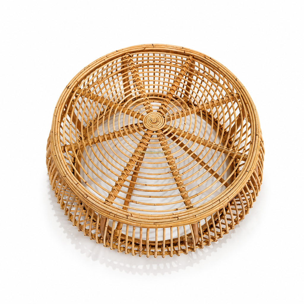 Handcrafted Round Rattan Coffee Table / Modern Boho Woven Cocktails Table with Open Slat Drum Base for Living Room
