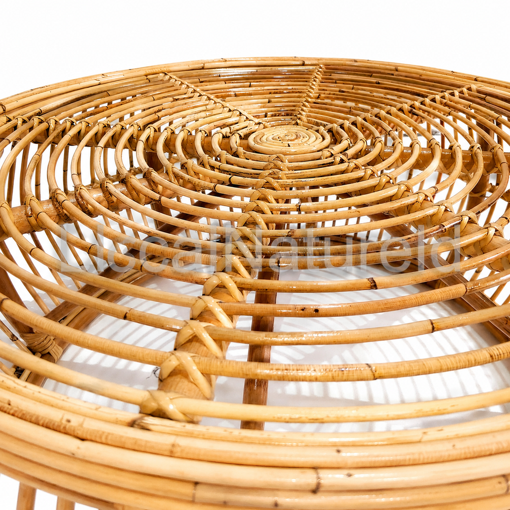 Handcrafted Round Rattan Coffee Table / Modern Boho Woven Cocktails Table with Open Slat Drum Base for Living Room