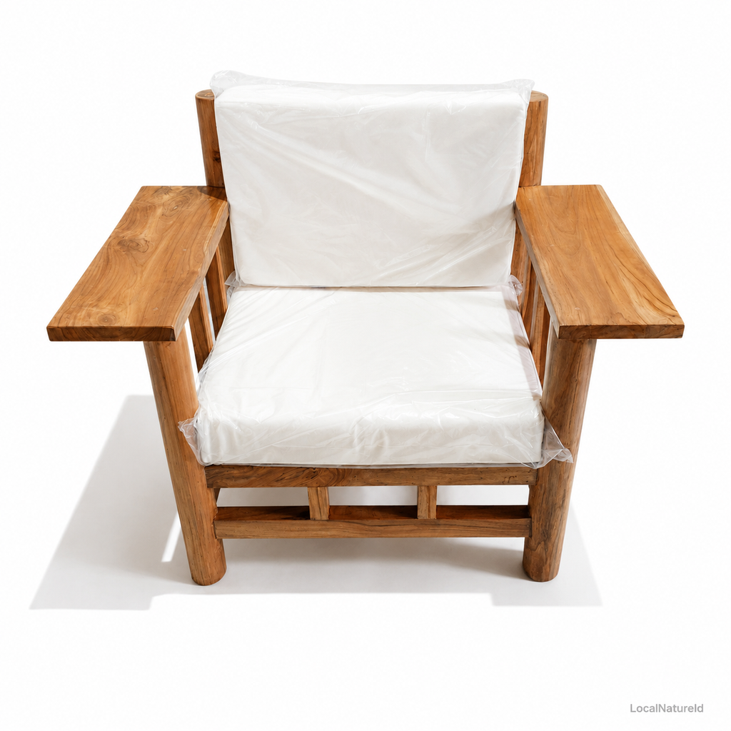 Minimalist Solid Teak Wood Armchair with Cushions / Modern Scandinavian Single Sofa Lounge Chair for Living Room & Patio
