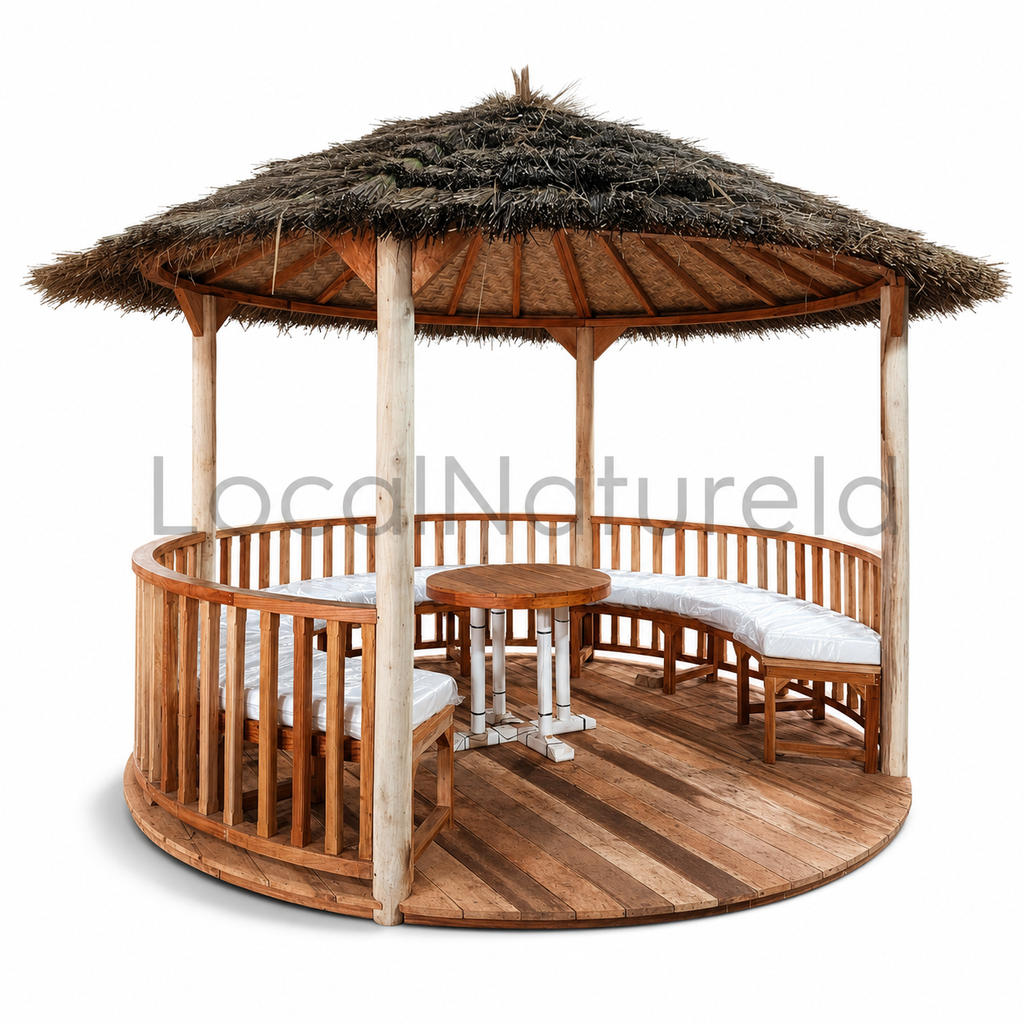 Luxury Round Teak Wooden Gazebo with Thatch Roof / Outdoor Pavilion Set with Circular Benches and Center Table