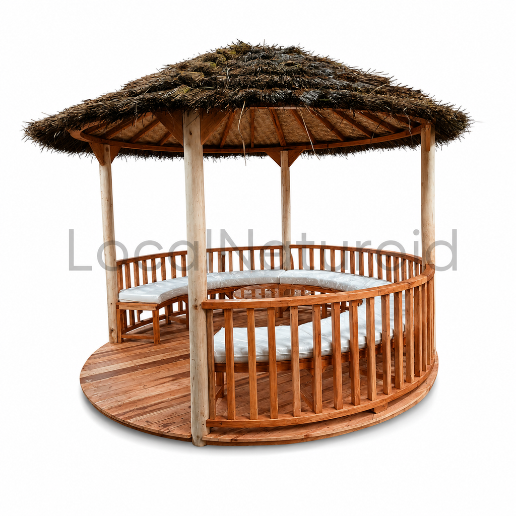 Luxury Round Teak Wooden Gazebo with Thatch Roof / Outdoor Pavilion Set with Circular Benches and Center Table
