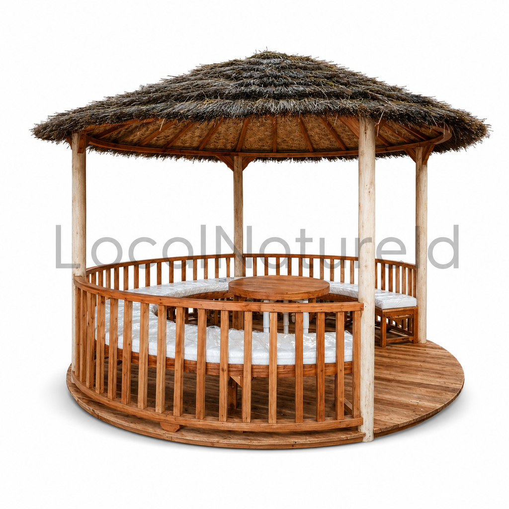 Luxury Round Teak Wooden Gazebo with Thatch Roof / Outdoor Pavilion Set with Circular Benches and Center Table